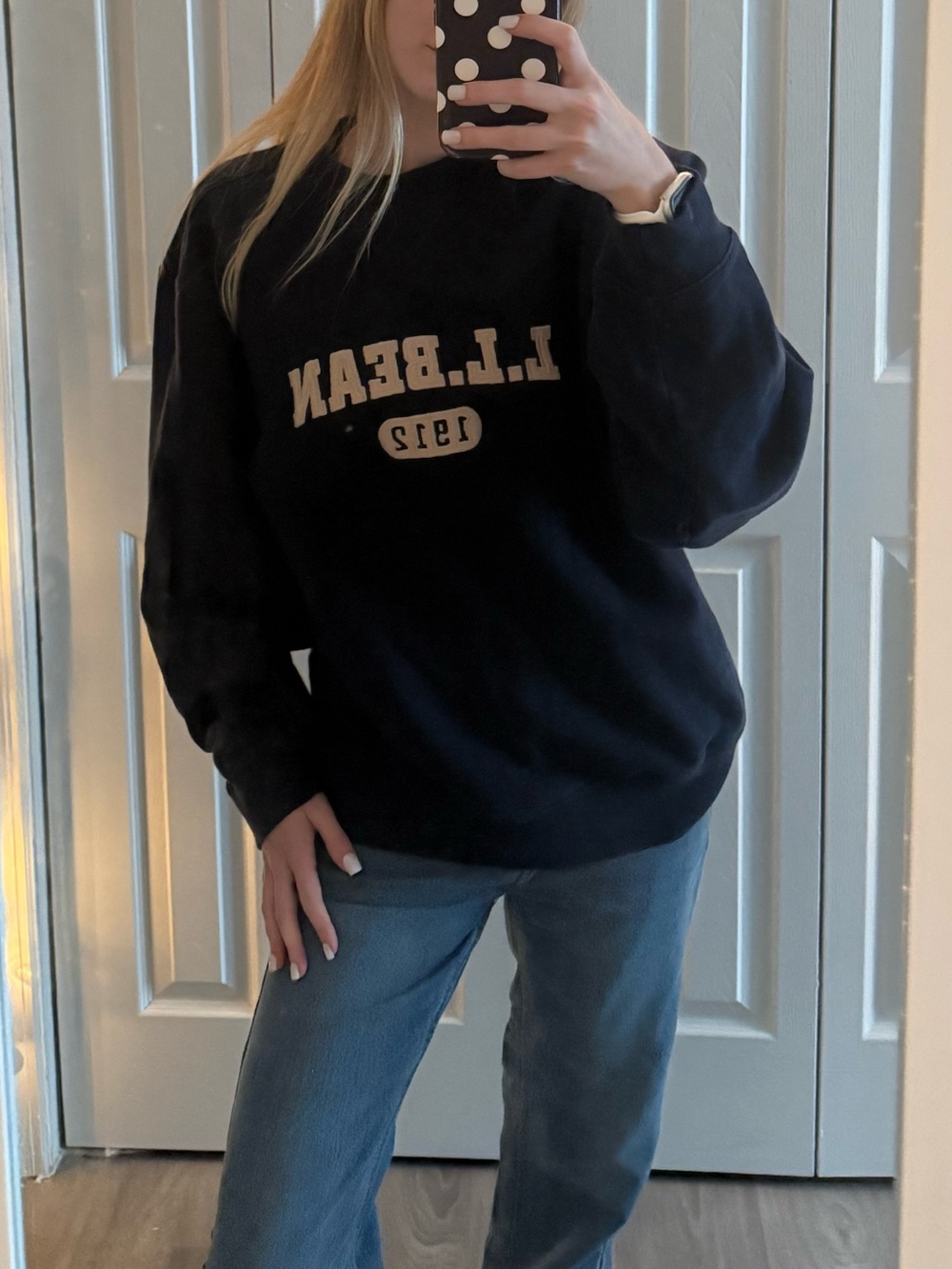 L.L. Bean Navy Blue Crewneck with Cream Logo
